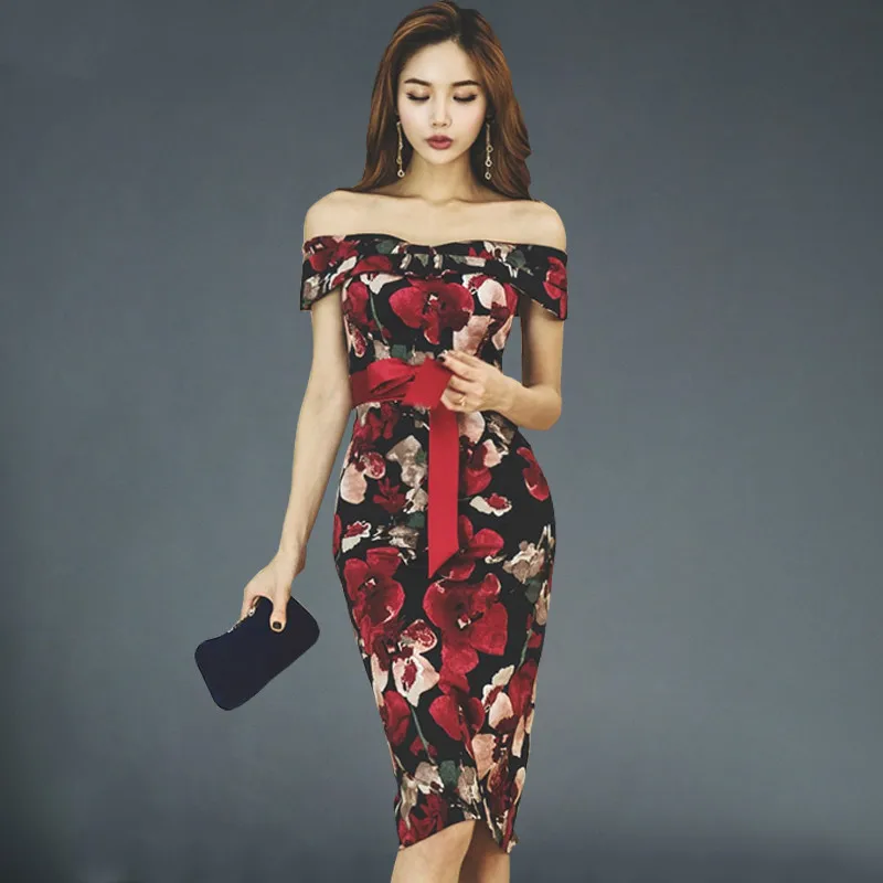 

Han Queen 2018 Spring Women Elegant Bow Printed Retro Bodycon Dresses Sexy Slash Neck Work Office Party Sheath Pencil Dress
