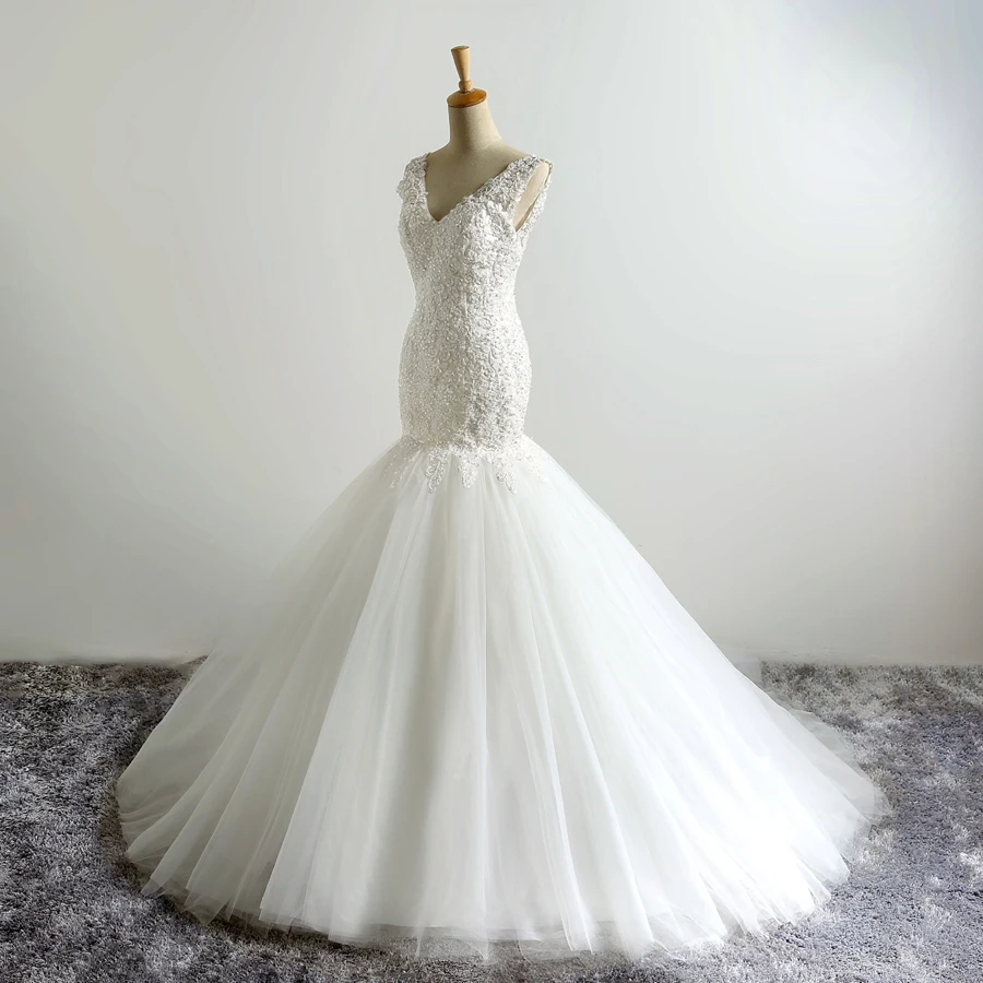 V Neck Sleeveless Lace Fabric Fish Tail Wedding Dress Mermaid