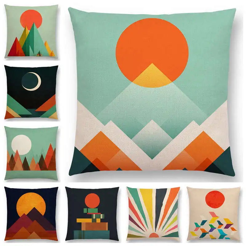 Hot Sale Great Sun Moon Colorful Mountain Gold Peaks Rivers Geometric Abstract Pattern Retro Cushion Cover Pillow Case | Дом и сад