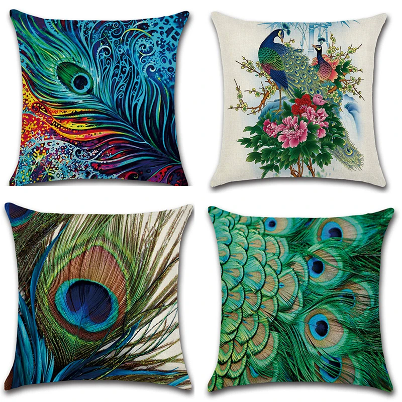 

coxeer Individual Cushion Cover Peacock Feather Printed Pillowcase Linen 45x45cm Square Pillow Cover Home Decor Capa De Almofada