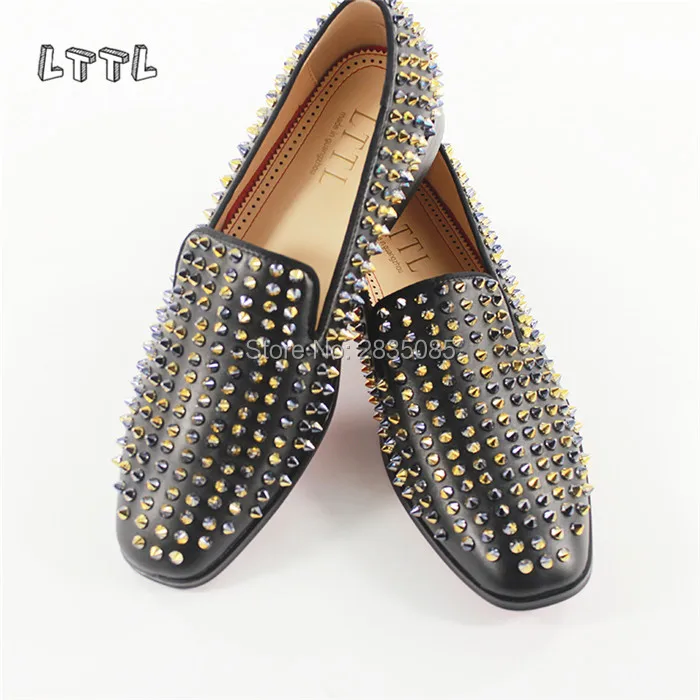

LTTL Zapatillas Hombre Black Leather Studded Rivet Shoes Man Casual Flats Bordered Spiked Men Loafers Slip On Prom Party Shoes