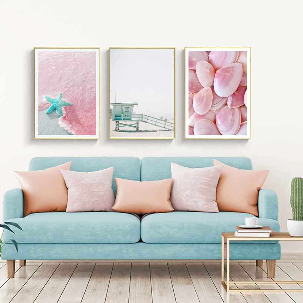 Pink Beach Nordic Poster Girl Room Posters And Prints Wall Pictures For Bed Room Landscape Wall Poster Canvas Painting Unframed