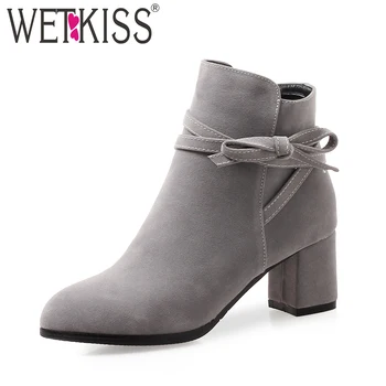 

WETKISS Winter Ankle Women Boots Round Toe Short Plush Cross Tied Footwear Flock Female Bootie Casual Shoes Women 2018 Plus Size