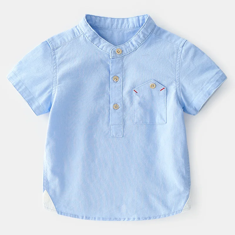 Новинка года, летние рубашки для маленьких мальчиков однотонная детская одежда из хлопка с воротником-стойкой детские блузки с короткими рукавами рубашка с лацканами для мальчиков возрастом от 2 до 6 лет