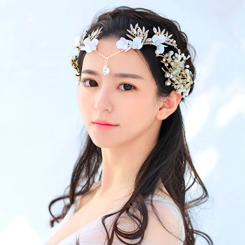 Forehead Lace Flowers Rhinestone Pearl Bridal Crown Headband Handmade