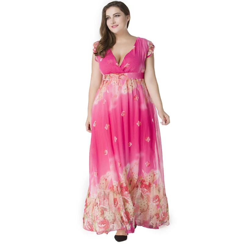 

Robe femme ete Women Summer Chiffon Floral Dress Sexy V Neck Short Petal Sleeve Plus Size 7XL Elegant Long Maxi Beach Dress