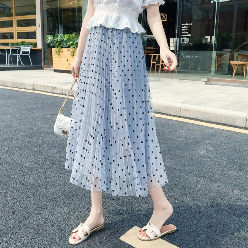

Harajuku Mesh Polka Dot Skirt Midi High Waist Pink Spring Summer Korean Style Skirts Womens New Black A Line Pleated Skirt Tulle