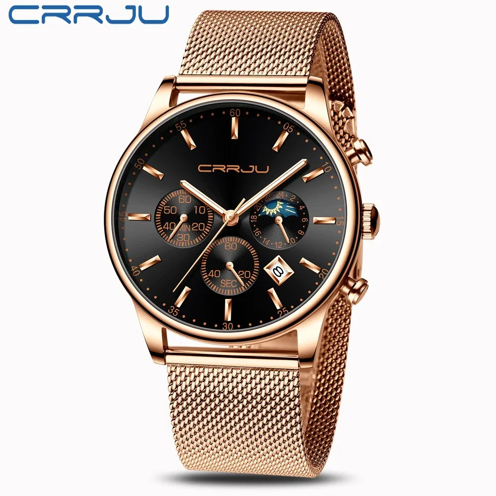 Reloj hombre CRRJU Топ Роскошные мужские многофункциональные часы водонепроницаемые деловые повседневные кварцевые наручные часы с датой мужские часы с сетчатым ремешком