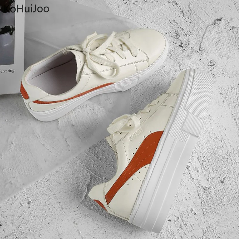 

KoHuiJoo Lace Up Women Flat Platform Shoes Cow Leather Round Toe Mixed Colors Women Sneakers Casual Shoes Female White Yellow