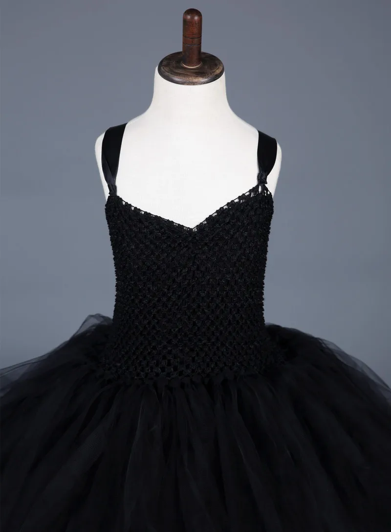 Черное платье-пачка для девочек со шлейфом, фатиновое бальное платье для девочек, детское праздничное платье с цветочным узором для