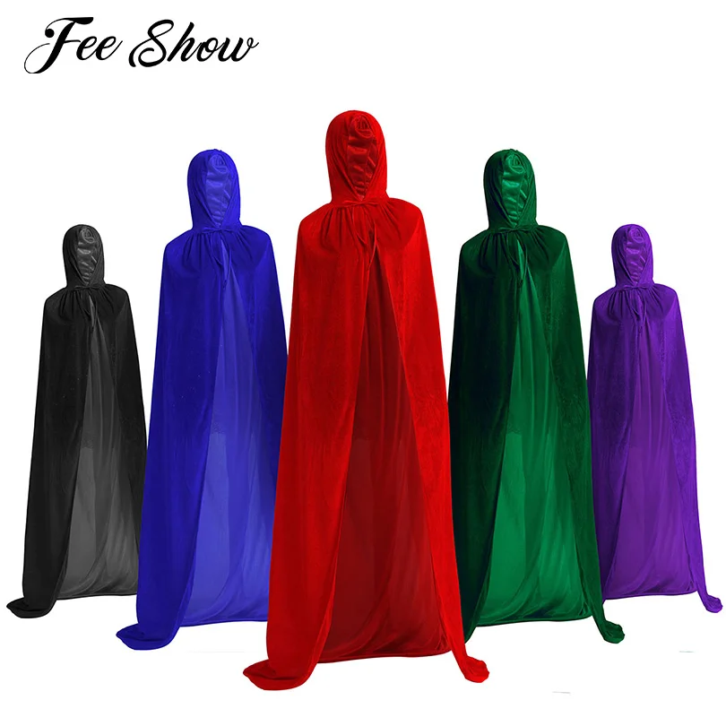 Unisex Adult Halloween Cape Hooded Cloak Role Play Costumes Long Velvet