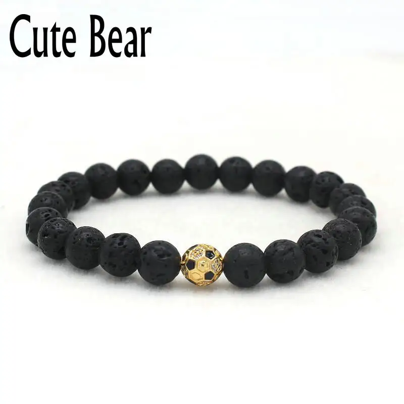 

Cute Bear Brand New Inlaid Zircon Football Charm Bracelets Men Nature Volcano Lava Stone Beads Elastic Rope Beaded Men Bracelet