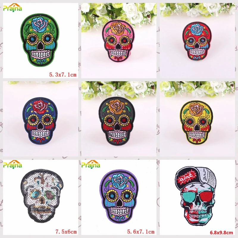 

Prajna Punk Style Skull Patches Embroidered Sticker For Clothing Fabric Patch Mexican Skull Iron On Cloth Applique Accessories H