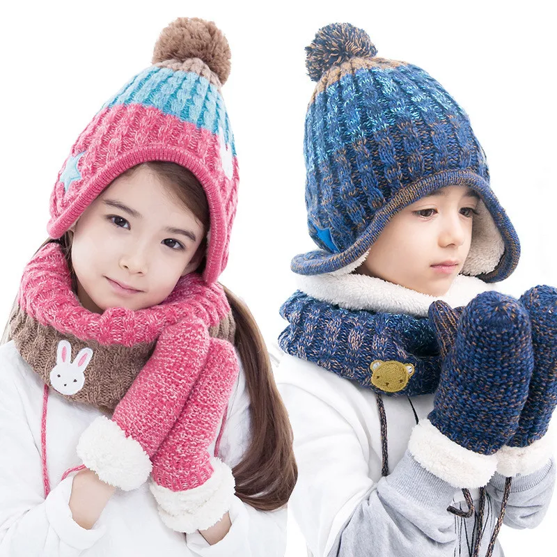 Children Fashion Hats Scarf GlovesThree - piece Warm Autumn Winter Boys Girls Baby Thick Caps Collars Sets Tide Kids Beanies 