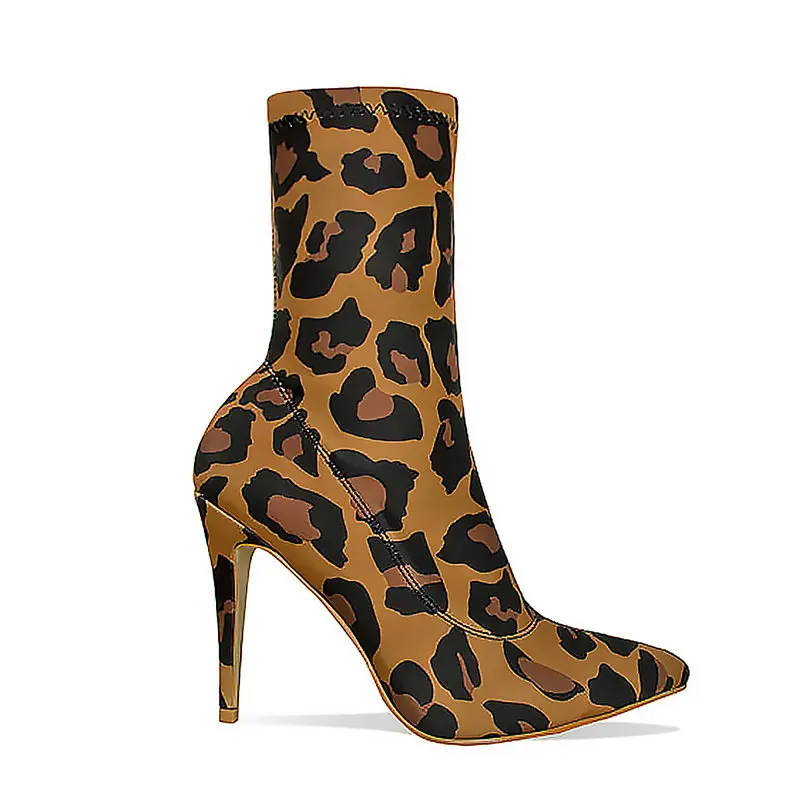 Stylets Cheville Tissu Pointu Femme Chaussures Imprimé Sianie Bout Stretch Bottes Hauts Minces Sexy Talons Chaussons Tianie Leopard Léopard De Mode TqxExOaB8