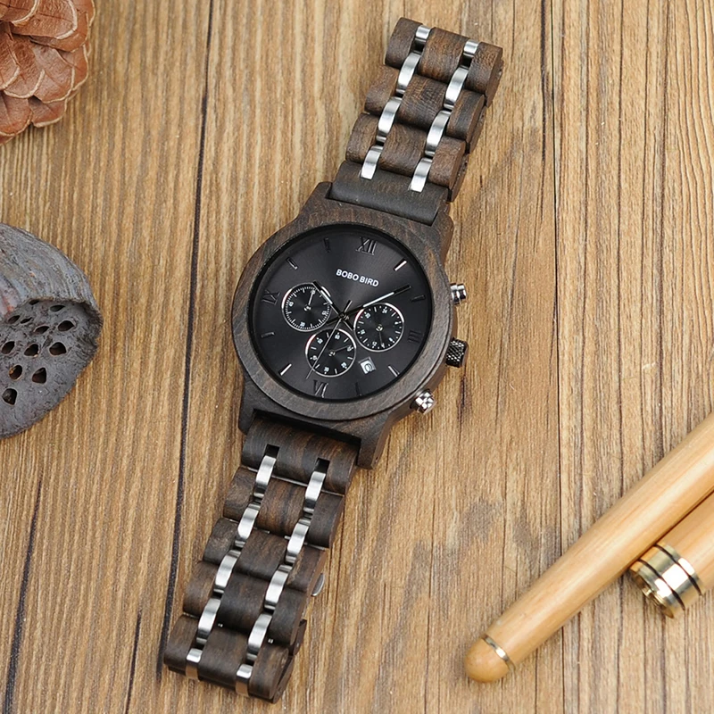 BOBO BIRD Wooden Watches Men Sunglasses in Suit Present Box Gift BoxQuartz Wristwatch Male Stopwatch saat erkek Timepieces
