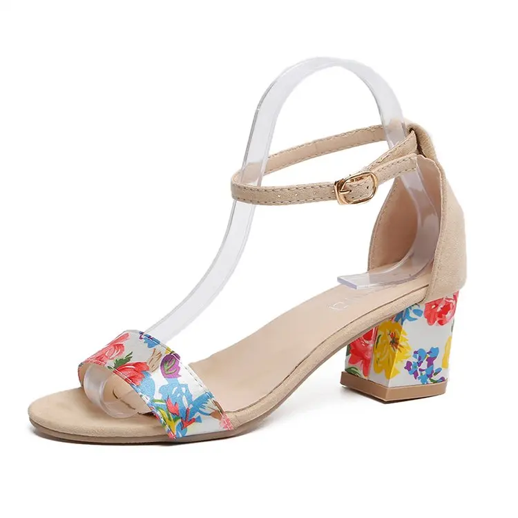 

Summer Fashion Women High Heel Sandals Print Flower Peep Toe Cover Heels Ladies Chunky Heels Shoes ankle buckle concise shoes