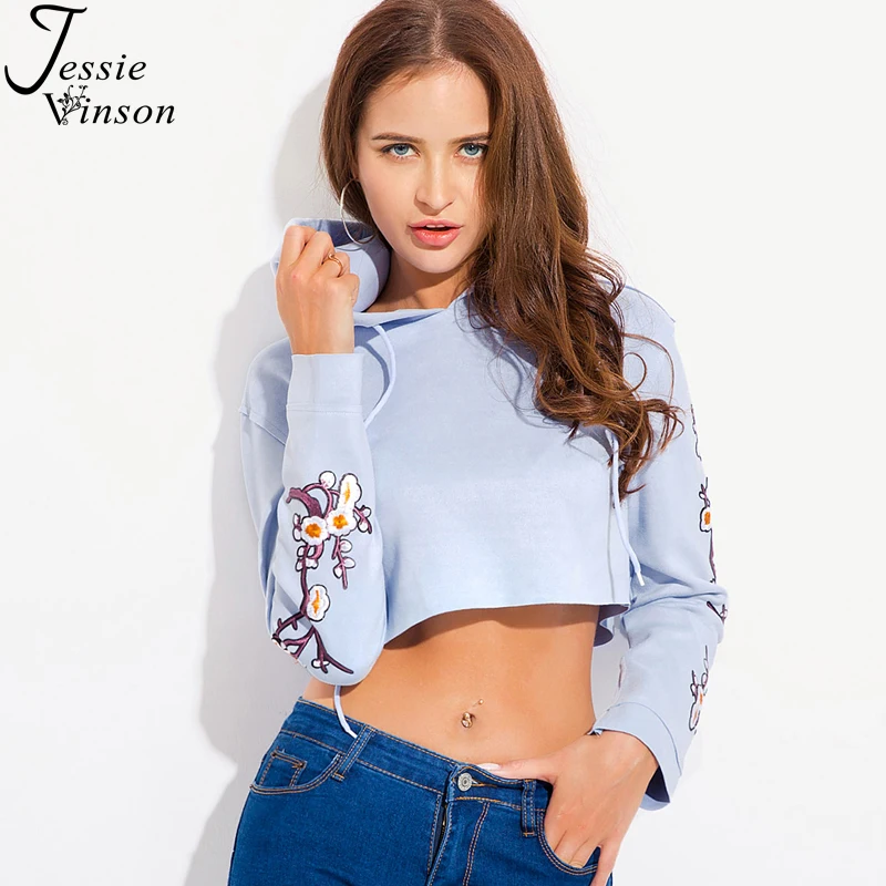 Jessie Vinson Fashion Embroidery Floral Crop Top Hoodies