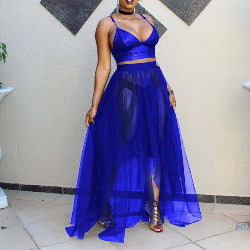 

Summer Women Sets Sexy 2 Piece Set Bandage Crop Top Backless High Waist Skirt Big Swing Mesh See Through Club Party Outfits 2019