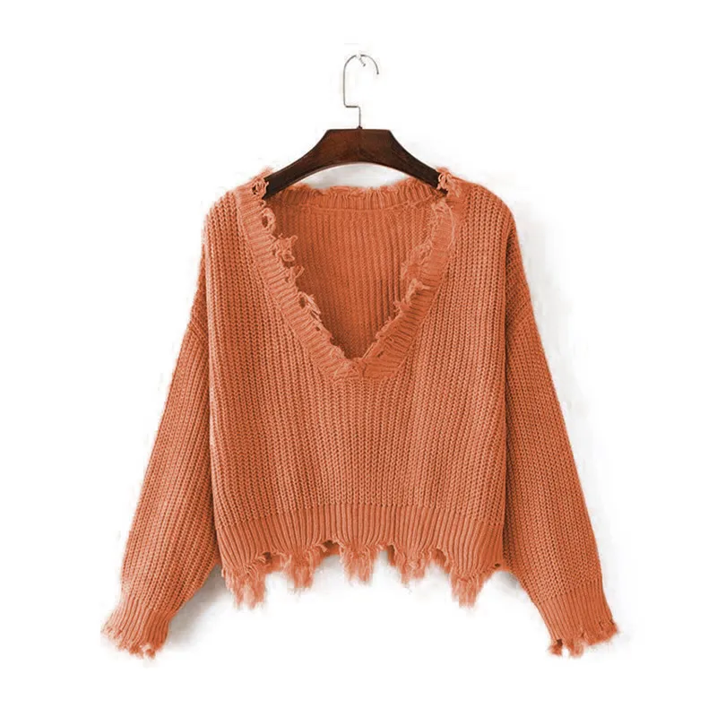 

Sweater Ripped Strapless V-neck Knitted Crop Tops Long Sleeves Sueter Mujer Spring Casual Pullover Pure Color Jumper
