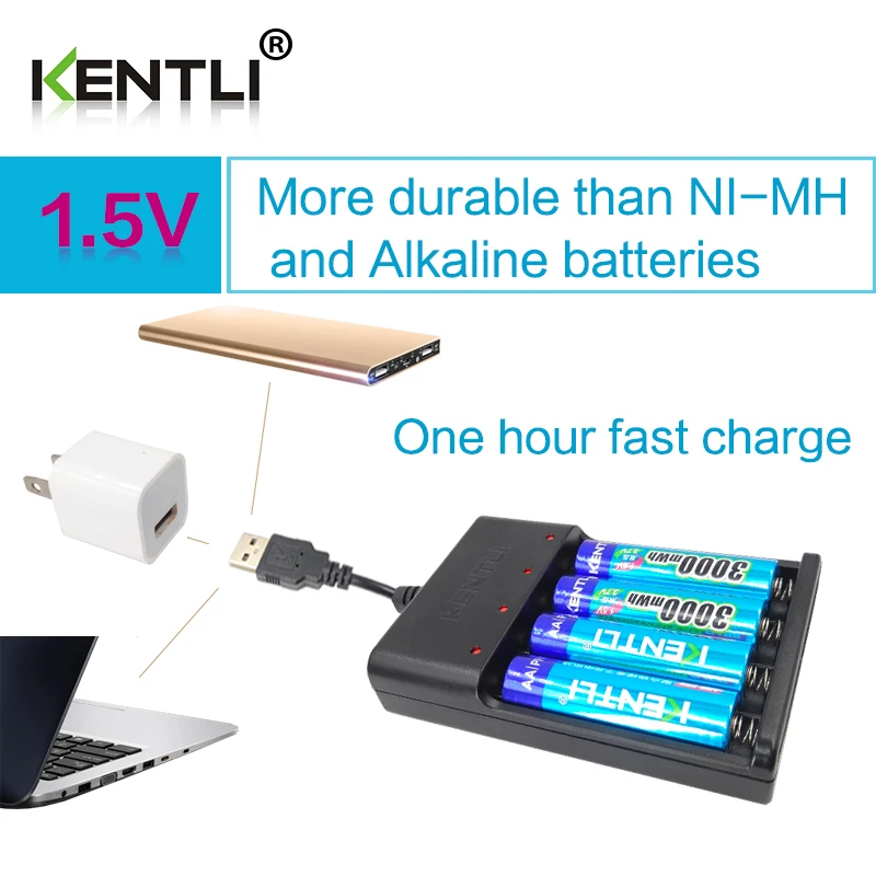 KENTLI 4 шт. AA 1 5 В 3000mWh литиевая литий ионная аккумуляторная батарея + канальный