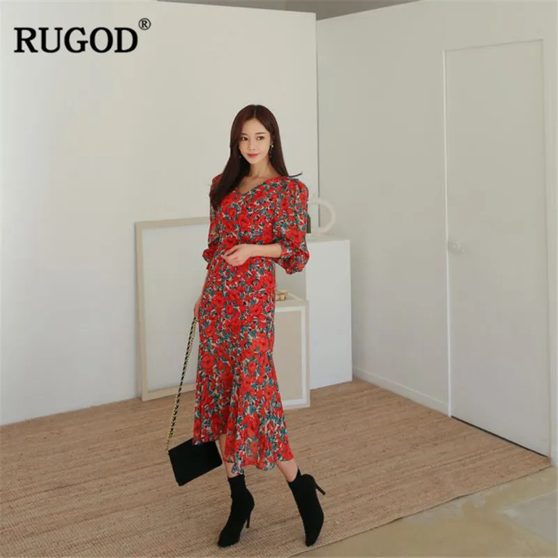 RUGOD цветочный принт женское платье v образным вырезом Тонкий bodycon рубашка с