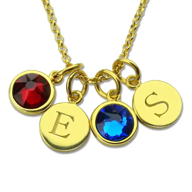 customized gold color disc birthstone necklace engraved jewelry