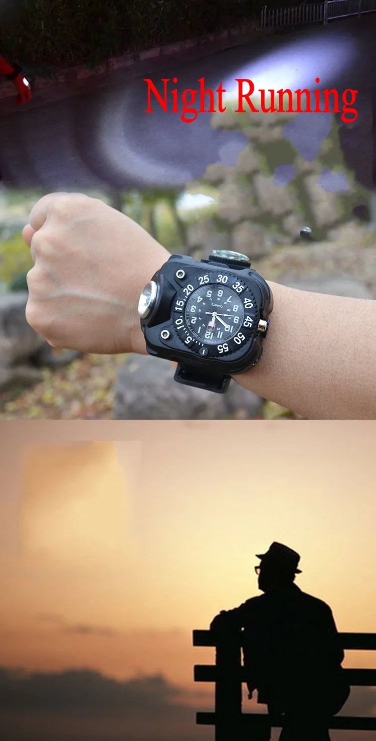 Multifunction USB Rechargeable Wristwatch Lamp Wrist LED Flashlight Watch Light with Compass Bracelet Torch for Night Running