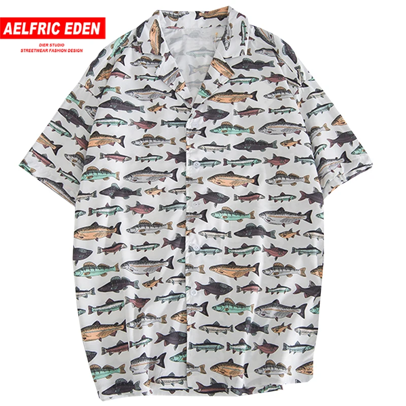 

Aelfric Eden Mens Hawaiian Shirt Casual Tops Fish Graphic Printed Summer Beach Shirts Hip Hop Short Sleeve Fashion Streetwear