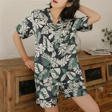 Для женщин 2 шт. летние пижамы короткий рукав шорты для свободная Пижама домашняя одежда-ночная сорочка комплект летние шифоновое платье 40mi01