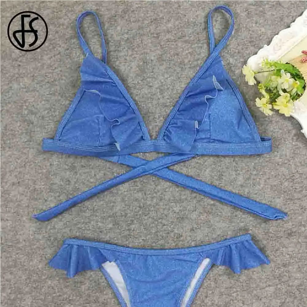 FS Blue Ruffle Sexy High Cut Bikini Women Swimwear Thong Push Up