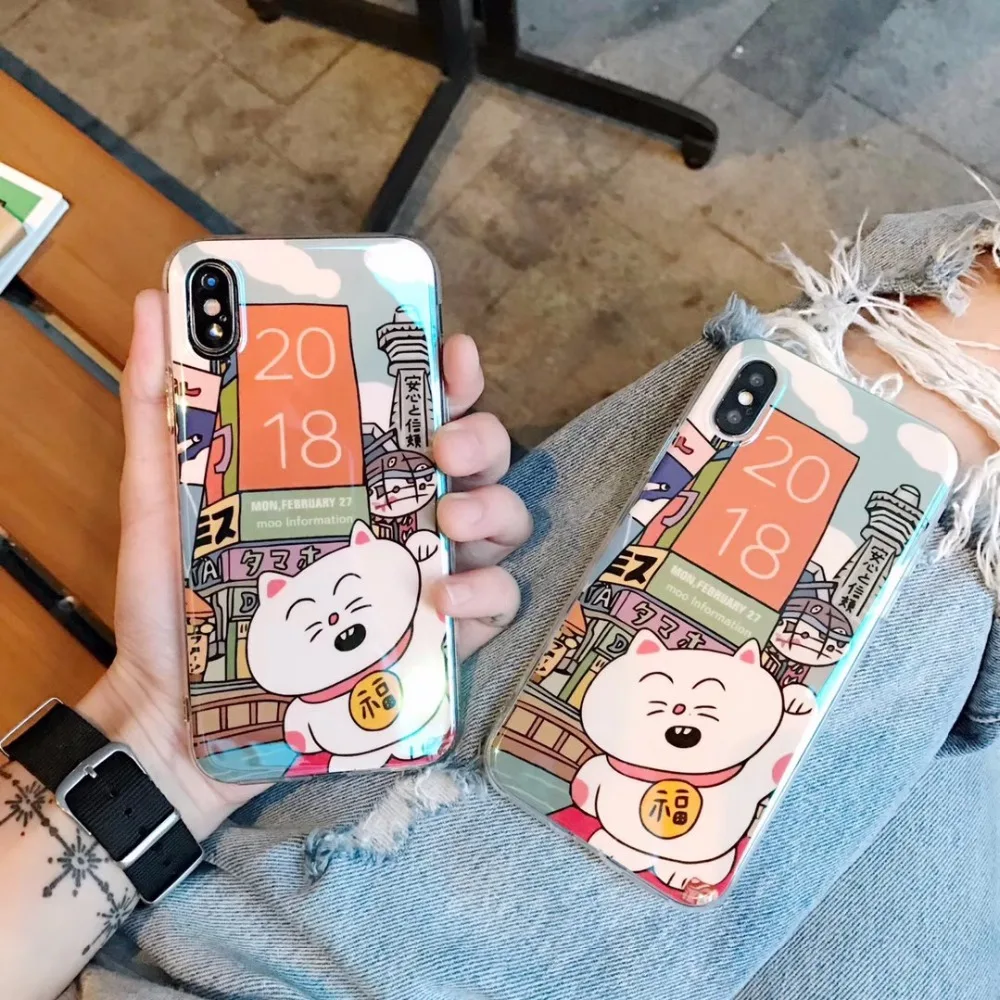

2018 Fashion Blu-Ray Glossy Cute Cartoon Lucky Cat Pig Patterned Phone Case For iphone 9 xs max X 8 7 6 6S Plus XR Soft Cases