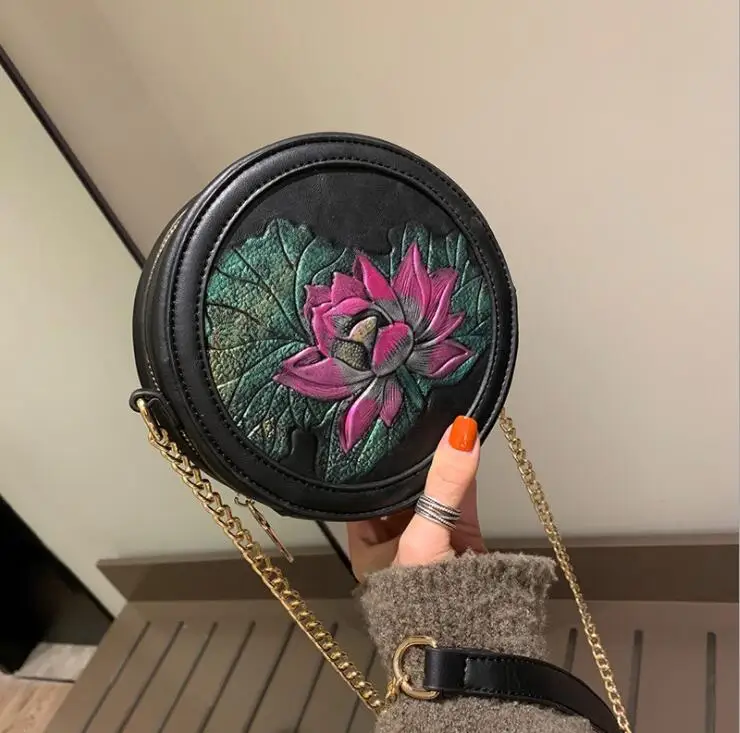 

Pu Leather Flower Pattern Round Bag Handbag Women Crossbody Bag Female Shoulderbag #476