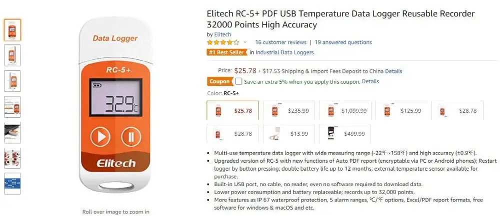 Elitech RC-5+ Высокоточный цифровой USB Регистратор данных температуры обновление для охлаждения, холодильной цепи транспорта, лаборатории и т. Д