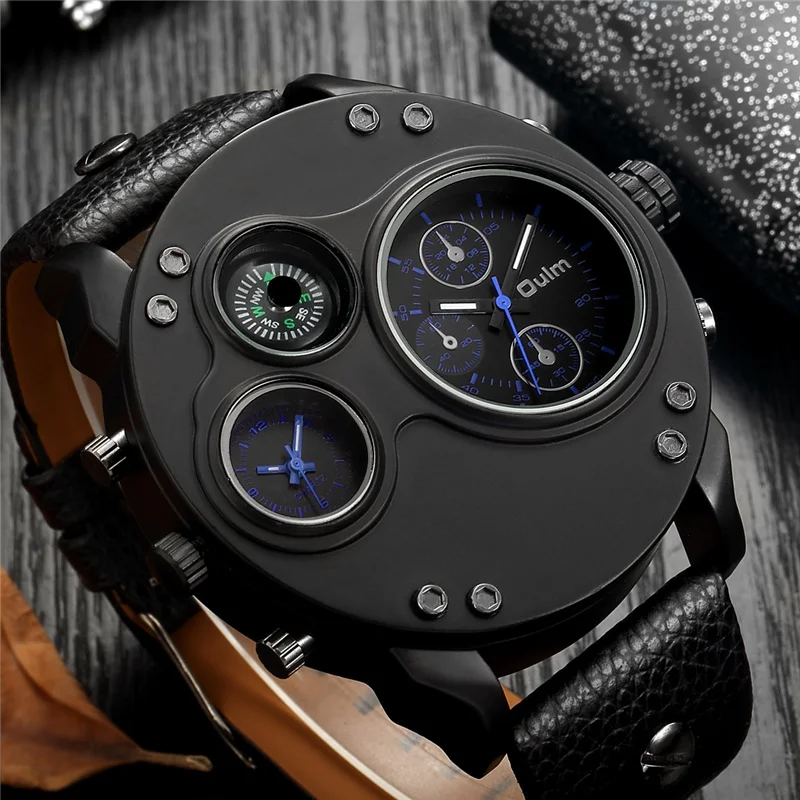 Oulm новые модные повседневные спортивные мужские часы, черные кожаные Наручные часы с двумя часовыми поясами, мужские кварцевые роскошные военные часы большого размера