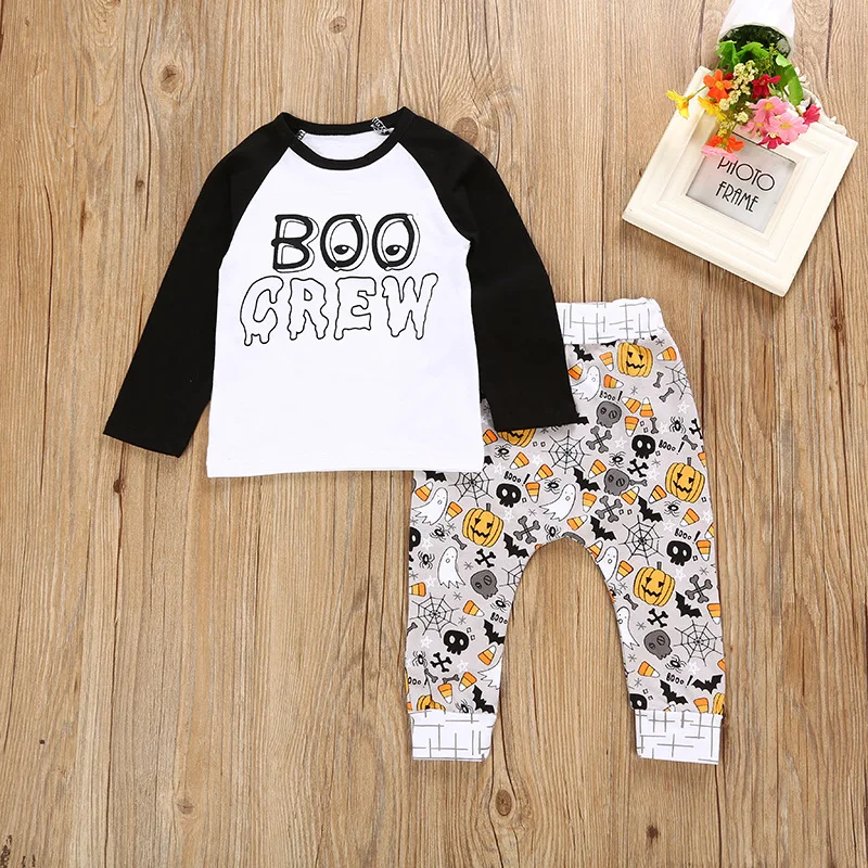 

Infant Baby Boy Girl Clothes Set 2019 Halloween Boo Crew T-shirts +Pumpkin Skull Pants 2pcs Newborn Baby Clothing Outfits