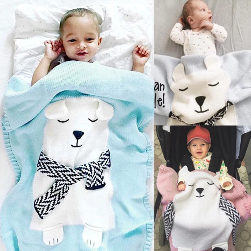 

White Bear Pattern Three-dimensional Ears Blanket Baby Knitted Blanket Warm Cartoon Knitting Wool Blanket Bedding Cover Appease