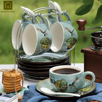 

4 Pcs British European Hand Painted Coffee Cup Saucer Set China Tea Ceramic Elegant Beker Porcelein Decoration Teacups WKD065
