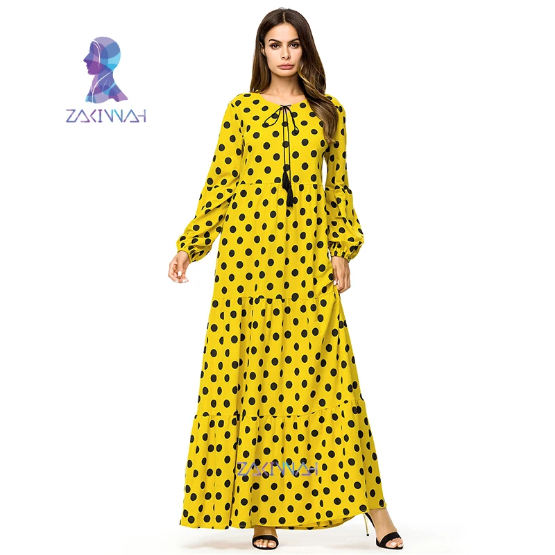 

Bangladesh Islamic Clothing Plus Size Kaftan Dubai Abaya Robe For Women Dot Yellow Long Dress Maxi Muslim Dresses