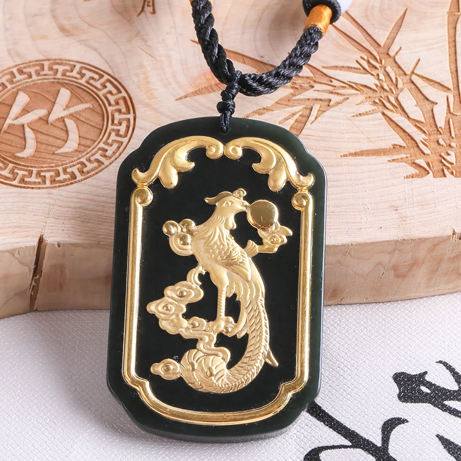 Fashion Gold Inlaid Jade New Fine 24K Yellow Gold Natural black Hetian Jade Gold Pendant Gold Phoenix Pendant free shipping 8681 Fine Jewelry