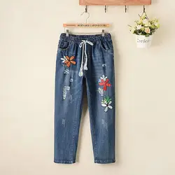 Для женщин Джинсы с вышивкой Большие размеры для женщин Размеры Винтаж дамы синие джинсовые штаны карандаш Повседневное модный бренд
