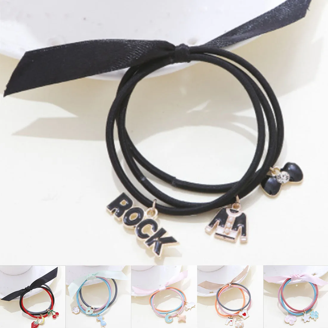 

1Pack=3Pcs Ribbon Bow Kids Elastic Hair Band Hair Tie Children Rubber Bands Cat Pendant Multi Shape Girl Accessory