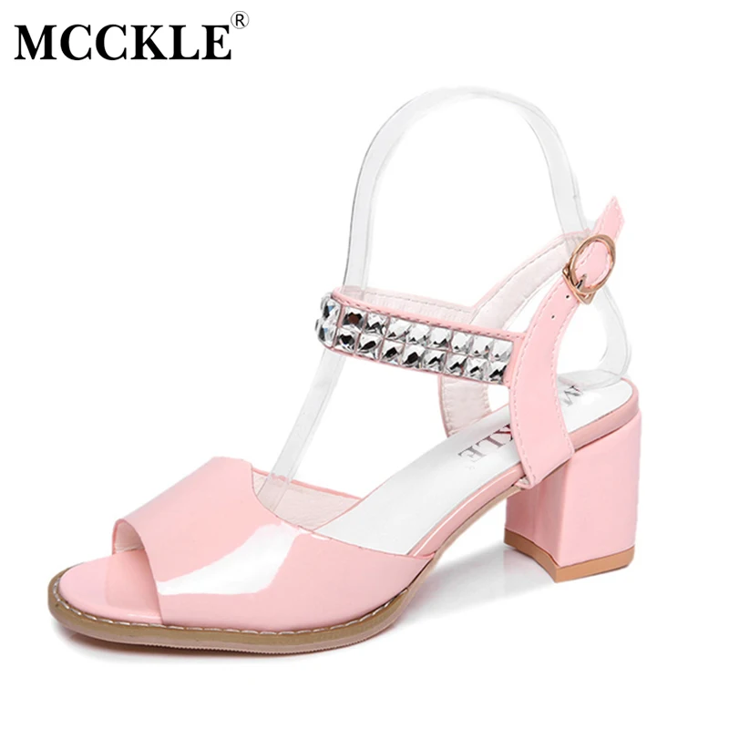 

MCCKLE 2017 Fashion Women Sandals High Heels Shoes Female Casual Ladies Buckle Strap PU Leather Bling Square Heel Sandals