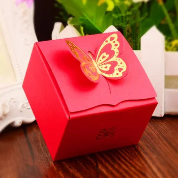 

50pcs/lot Red Wedding Caddy Boxes Paper Box With Butterfly Decoration Wedding Cardboard Candy Gift Boxes Creative Organizer Case