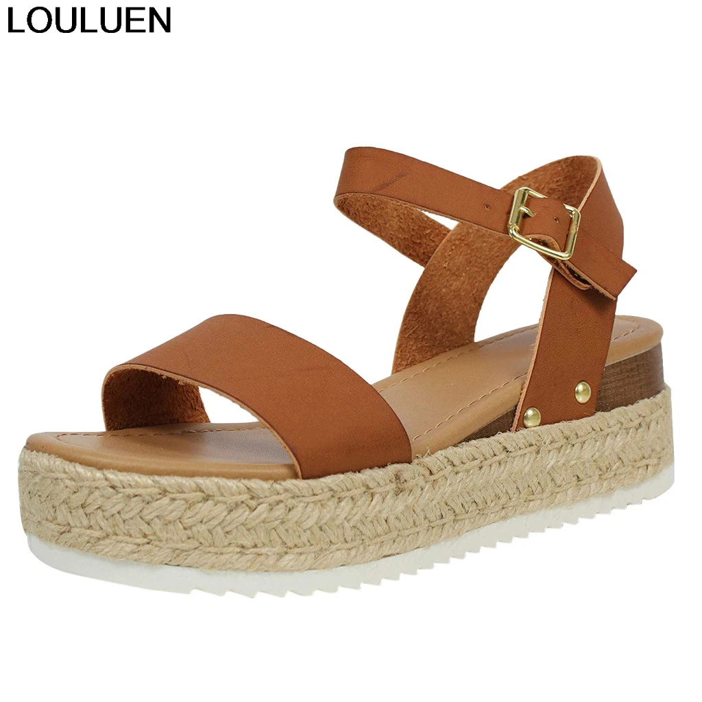 

LOULUEN Sandals Womens Buckle Strap Beach Wedges Sandals Summer Rome Retro Peep Toe Slipper sapatos mujer cuero genuino 4MAR18