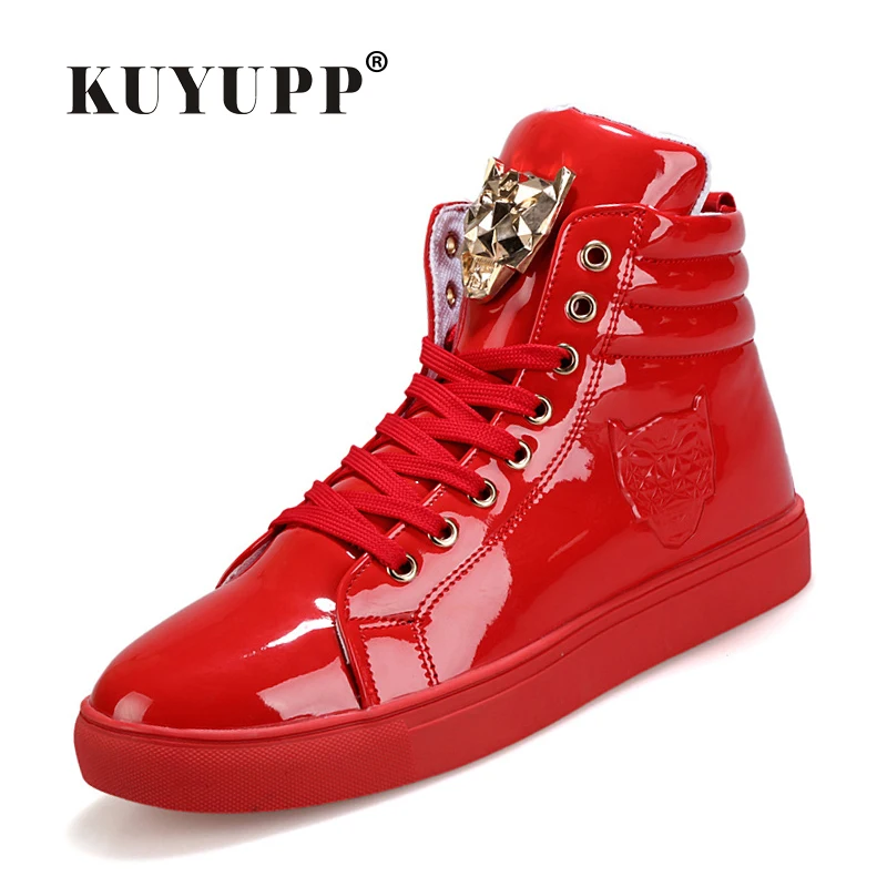 Leopard Sequined Skate Shoes For Men Ankle Boots 2017 Spring Patent Leather Shoes High Top Flat