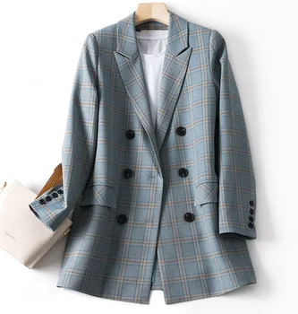 

Vintage Classic Plaid Double Breasted Women Jacket Blazer Notched Collar Female Suits Coat Fashion Elegant Houndstooth 2020 Tops