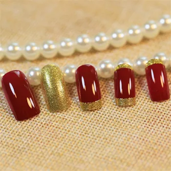 

24Pcs/Box Red Fake Nails With Red Colour and Golden Side Nails DIY Beauty Acrylic Nail Tips with adhesive sticker Art Nail