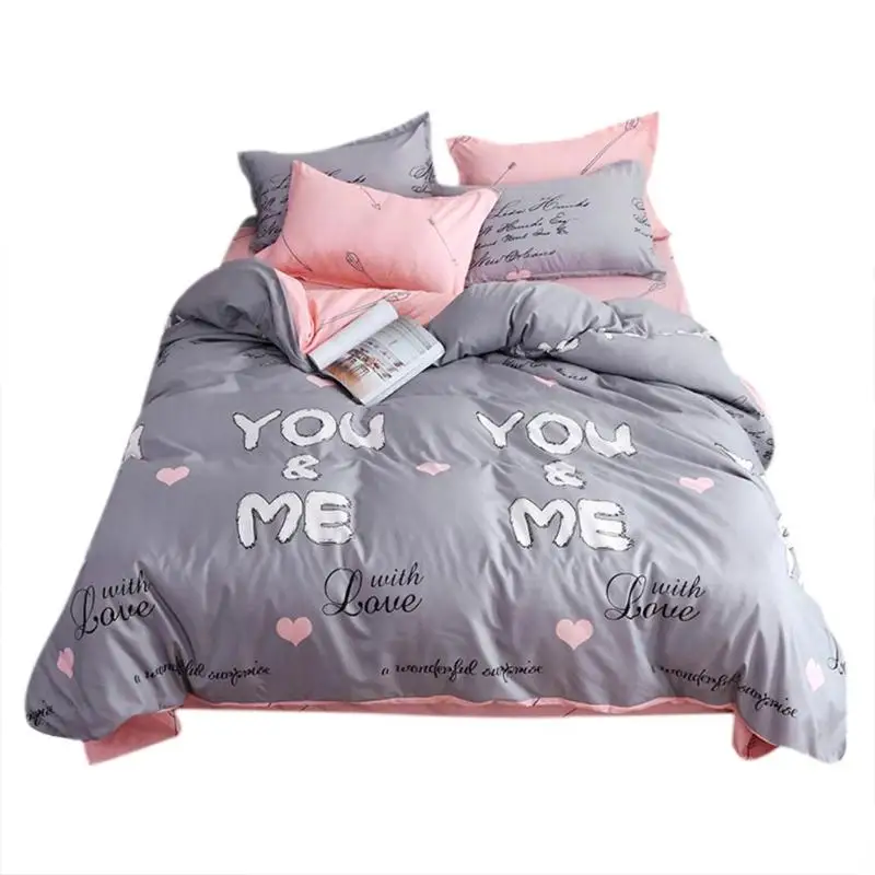 

4pcs You And Me Bedding Set Soft Cotton Floral Printing Quilt Duvet Cover Flat Bed Sheet Pillowcase Minimalist Bedding