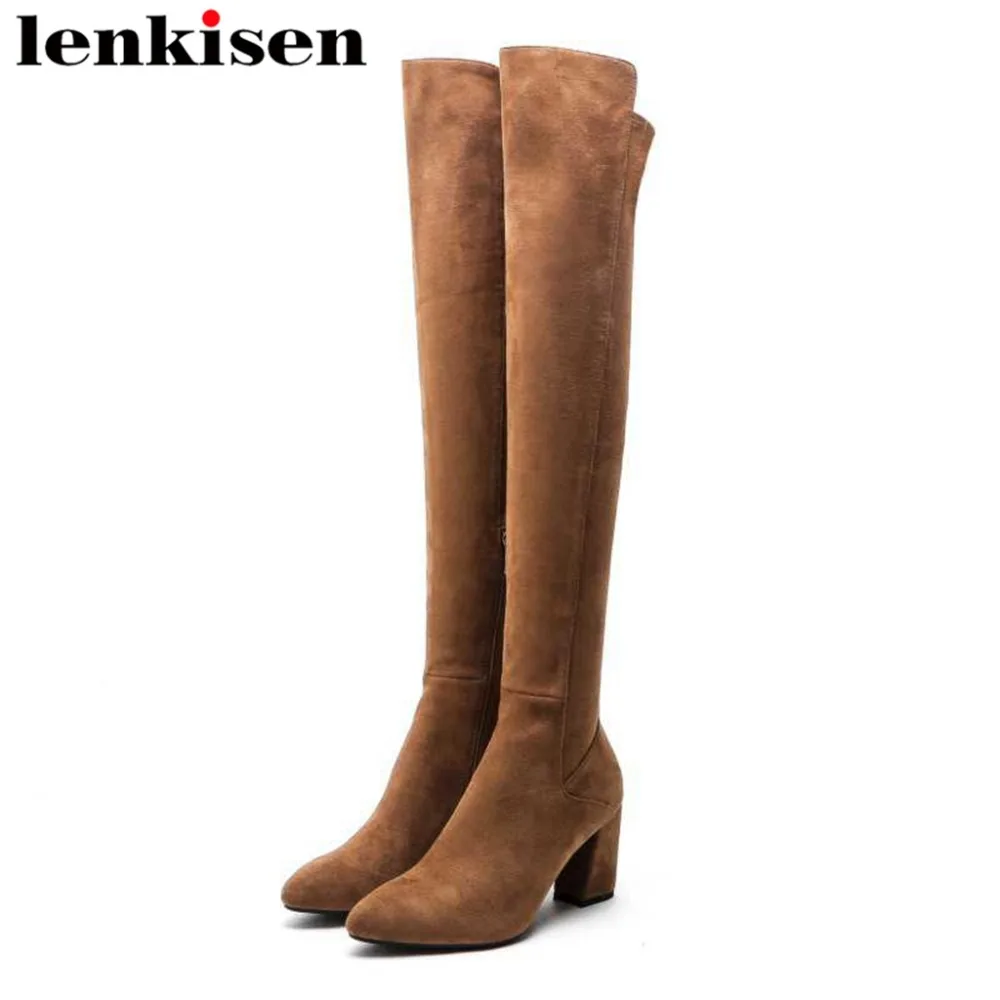 L32 High khaki Street Carrés Pointu ardoisé Solides Noir Populaire light Haute Lenkisen Mince Bout Bottes Fashion Zipper Streetwear Chaussures Cuissardes Talons Brown 2DE9HWI